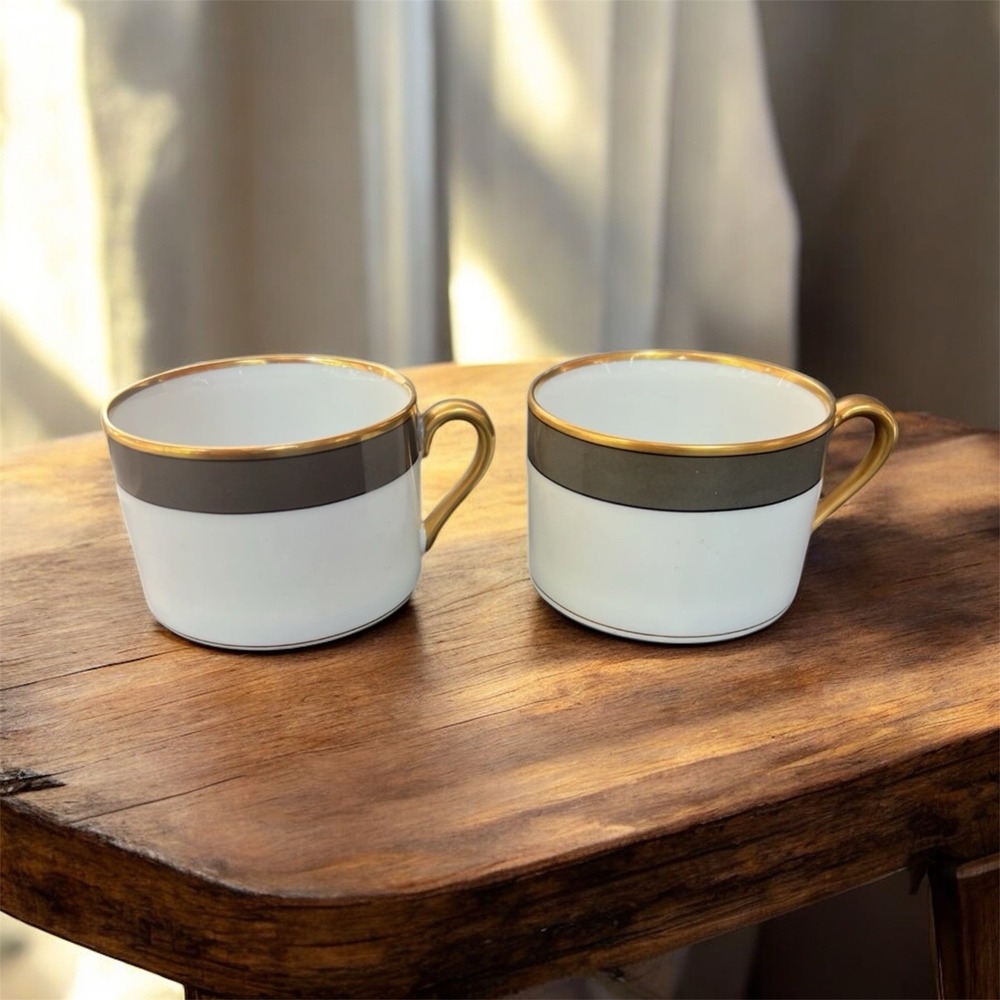 Fitz & Floyd Gray Renaissance VTG Flat Mugs Tea Cups Set Of 2 1981 Made Japan